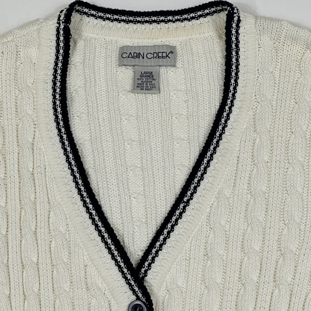Cabin Creek White Cable Knit Cardigan Sweater Navy Blue Trim Large Cotton‎